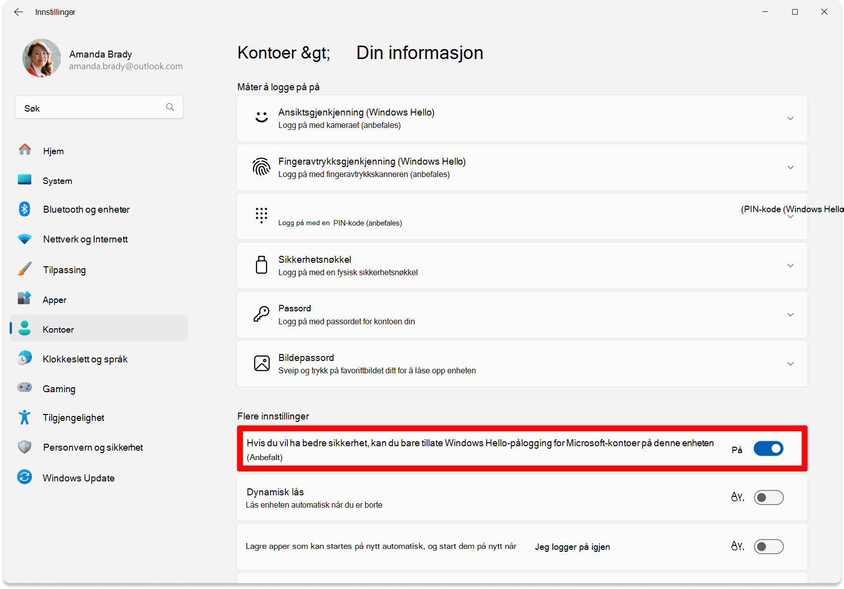 Skjermbilde av Innstillinger – aktiver/deaktiver for å konfigurere passordløs aktivert.