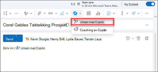 Rullegardinmenyalternativet «Skriv et utkast med Copilot» i nye Outlook
