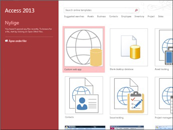 Velkomstskjermbildet i Access med en søkeboks for maler og knappene Egendefinert webapp og Tom skrivebordsdatabase.