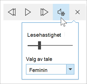 skjermbilde av verktøylinjen for talealternativer for Engasjerende leser. Musen holdes over innstillinger som viser en veksleknapp for lesehastighet og rullegardinliste for stemmevalg