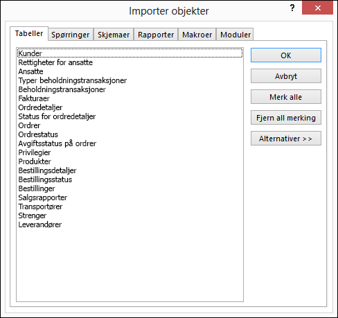 Merk objekter du vil importere i dialogboksen Importer objekter