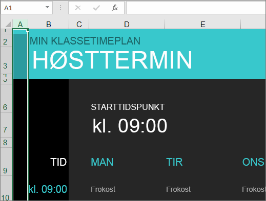 Gammel Excel-mal for oversikt over høyskolekurs, uten beskrivelser for elementene.