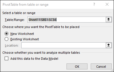 Pivottabell fra område eller tabell