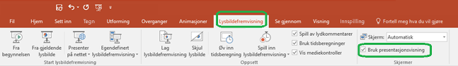 Alternativet Presentasjonsvisning kontrolleres av en avmerkingsboks på fanen Lysbildefremvisning på båndet i PowerPoint.