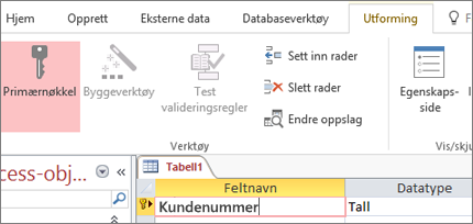 Velge et primærnøkkelfelt i en ny Access-tabell