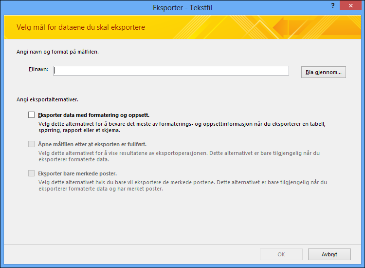 Velg eksportalternativene i dialogboksen Eksporter – Tekstfil.