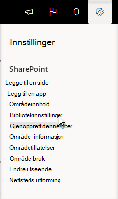 Innstillinger-menyen med Bibliotekinnstillinger valgt