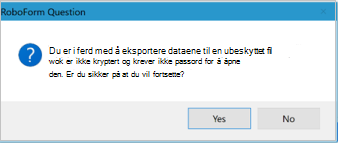 Bekreftelsesdialogboks for eksport av Desktop Roboform