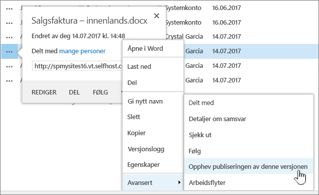 Klikk Opphev publisering av denne versjonen