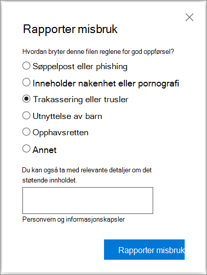 Skjermbilde av dialogboksen Rapporter misbruk i OneDrive