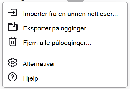 Passord-menyen i Firefox, som viser eksportpålogginger tilgjengelig.