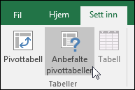 Gå til Sett inn > Anbefalte pivottabeller for å få Excel til å opprette en pivottabell for deg