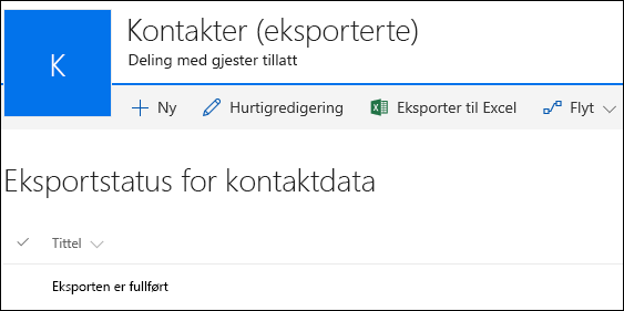 SharePoint-liste med oppføringstittel Eksport fullført