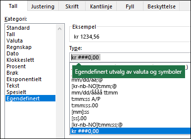 TEKST-funksjonen – egendefinert valuta med symbol