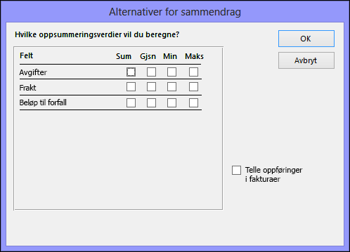 Velg hvordan du vil at sammendragsverdiene skal beregnes i dialogboksen Alternativer for sammendrag