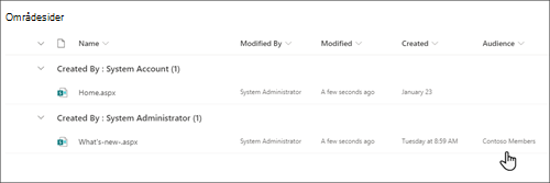 Bilde av listen over områdesider. Det andre elementet er et nyhetsinnlegg. I Målgruppe-kolonnen står det Contoso-medlemmer.