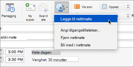 Skjermbilde av en møteforespørsel med Legg til nettmøte valgt på båndet.