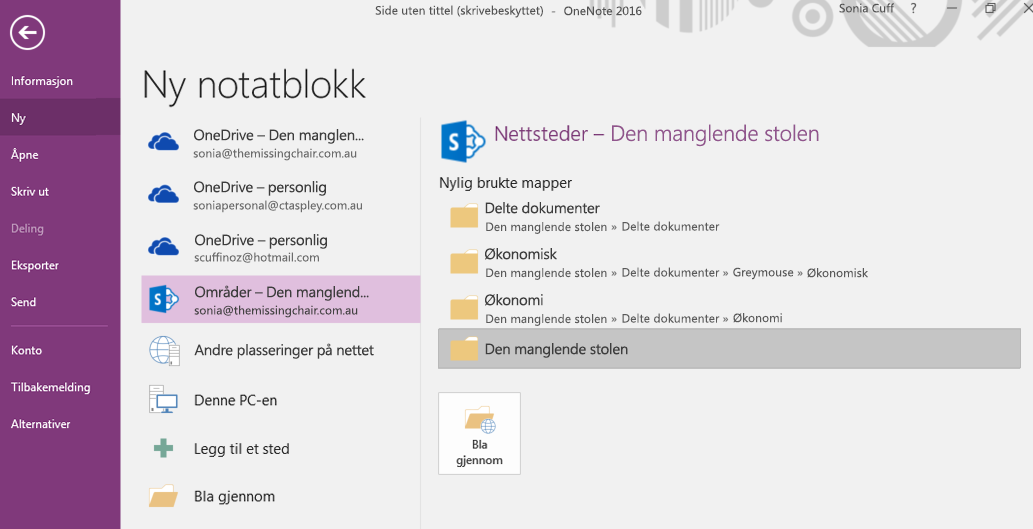 OneNote for Windows 2016 – grensesnitt for valg av ny notatblokkmappe