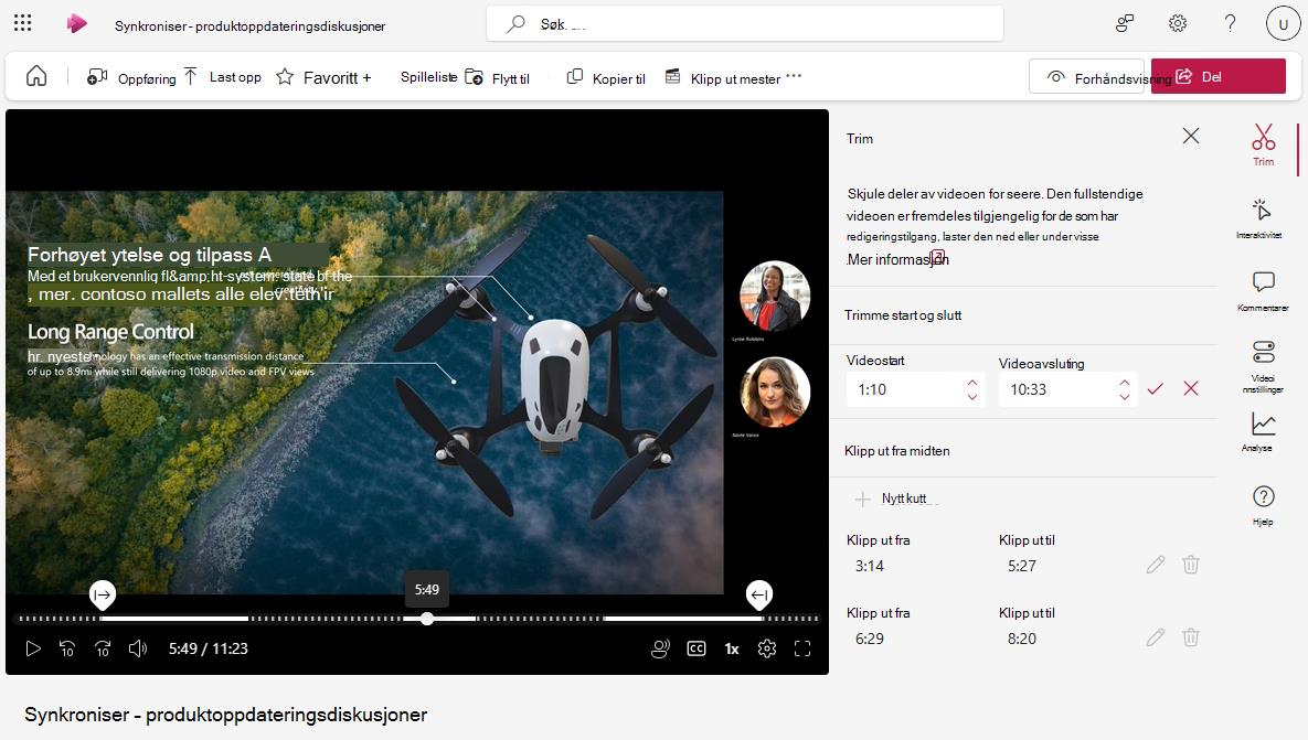 Microsoft Stream-spillersiden med trimmepanelet åpent. Videoen har blitt trimmet og gir den en ny start- og sluttidspunkt, samt to kutt som blir gjort fra midten av videoen.