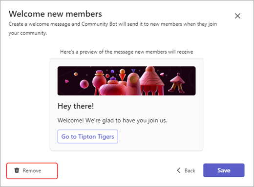 Skjermbilde av Fjern-knappen for å slette en gruppebotmelding i Microsoft Teams.