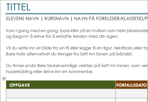 Ny Project-mal for oppgaveliste med minimum skrift på 11 punkter.