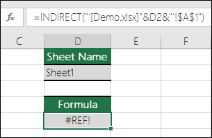 Eksempel på en #REF! feil forårsaket av indirekte referanse til en lukket arbeidsbok.