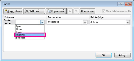 Sortere etter leveringskolonnen