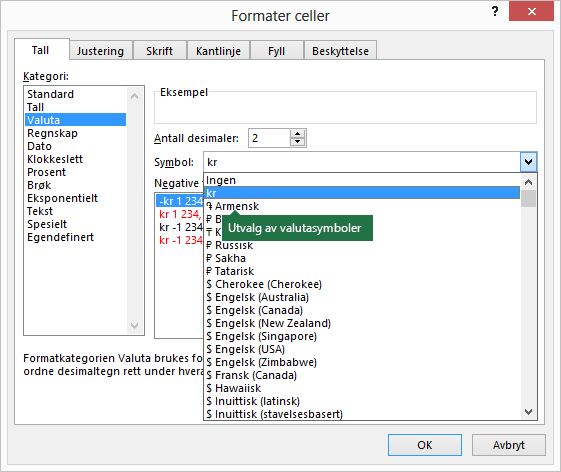 Valutasymbol-utvalg fra dialogboksen Formater celler