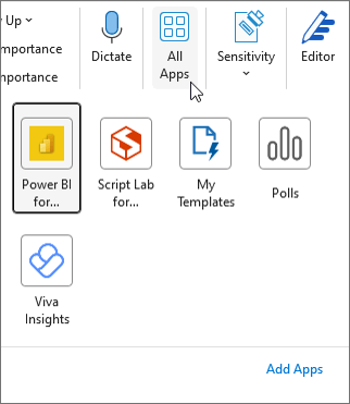 Undermenyen Alle apper i Outlook for Windows.