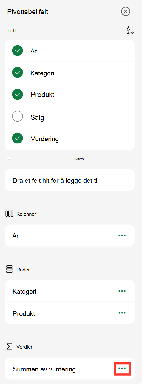 Feltverdier for pivottabell ellipse på iPad