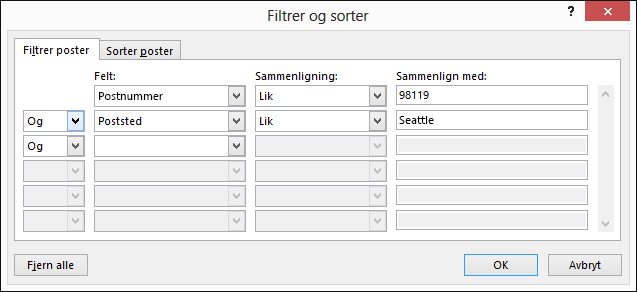 Som en del av utskriftsfletting i Word velger du Rediger mottakerliste, og velger Filtrer under Begrens mottakerliste.