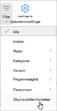 Skjermbilde av Filter i kalender som viser Skjul avslåtte hendelser fra rullegardinlisten