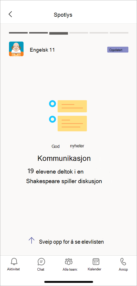 Et rampelys på kommunikasjonsdata fra Insights i mobilvisning viser en lærer at 19 elever deltok i en diskusjon om Shakespeare.