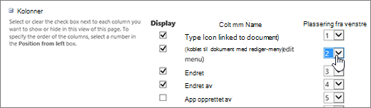 Endre rekkefølgen på bibliotekkolonner i dialogboksen Endre visning