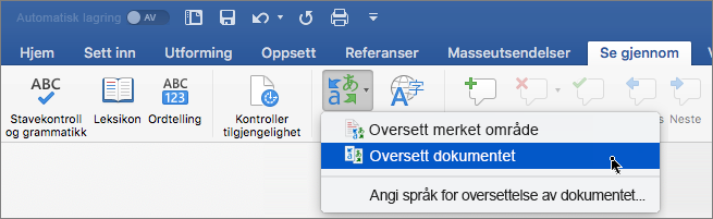 Se gjennom-fanen med Oversett dokument uthevet