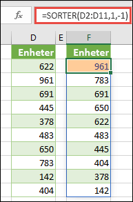 Sorter et område med verdier i synkende rekkefølge.