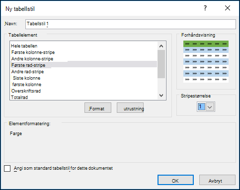 Nye dialogboksalternativer for tabellstil for bruk av egendefinerte stiler i en tabell