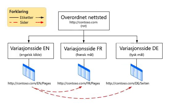 Hierarkidiagram som viser et rotområde på øverste nivå med tre variasjoner under. Variasjonene er engelsk, fransk og tysk