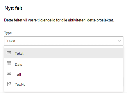 Skjermbilde fra dialogboksen Prosjekt med nytt felt som viser Teksttyper, Dato, Tall, Ja/Nei