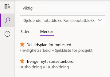 Resultater av kodesøk i OneNote for Windows 10