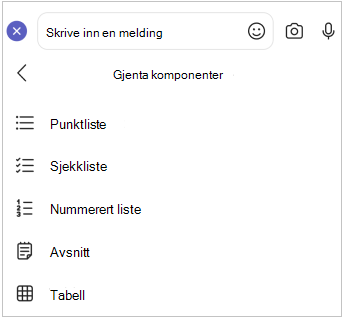 Meny for løkkekomponent for mobil