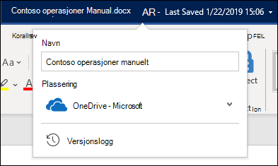 Rullegardinmenyen fra dokument tittelen i Word for Office 365