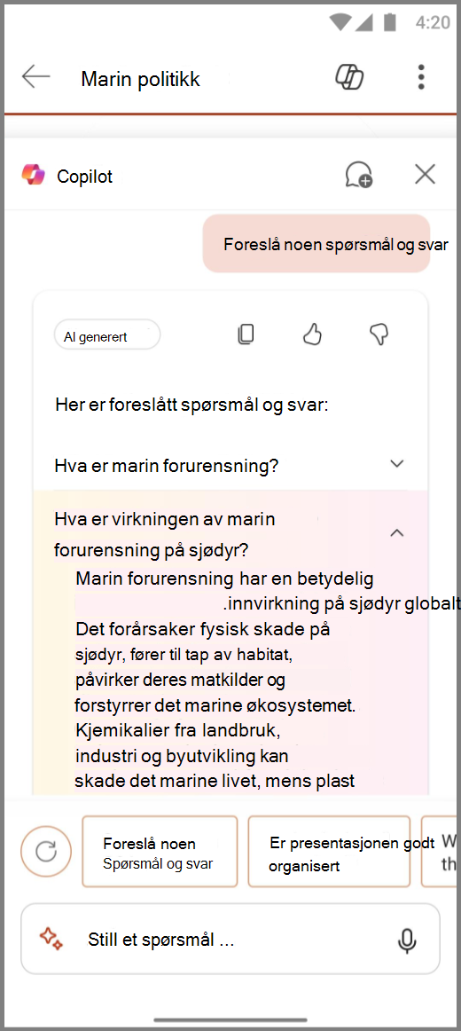 Skjermbilde av Copilot i PowerPoint på Android med resultatene av Ledeteksten Foreslå spørsmål og svar