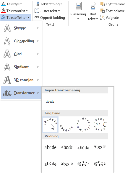 Velg en buet transformeringstekst-effekt