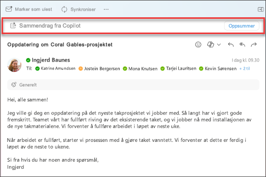 Velg sammendrag for Copilot for å utforme et sammendrag av en eposttråd.