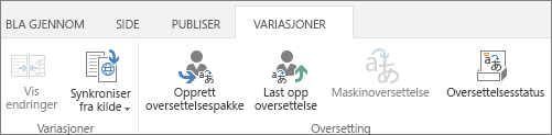 Skjermbilde av variasjonsfanen fra målnettstedet. Fane inneholder to grupper, variasjon og oversettelse