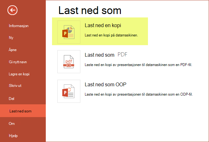 Bruke Last ned en kopi for å lagre presentasjonen på datamaskinen