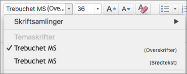 Skjermbilde som viser alternativene for temaskrifter for overskrifter og brødtekst som er tilgjengelige via rullegardinen for skrifter i Skrift-gruppen på Hjem-fanen.