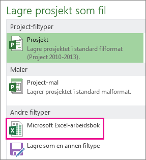 Lagre prosjektfil som Microsoft Excel-arbeidsbok