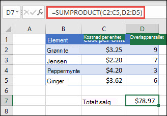 Eksempel på SUMMERPRODUKT-funksjonen som brukes til å returnere summen av solgte varer når angitt enhetskostnad og antall.